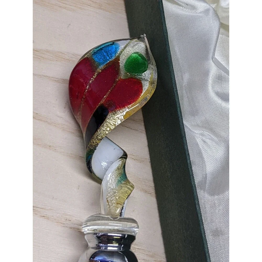 Murano Art Glass Wine Stopper Metal Barware In Box Red Aqua White  Gold specks